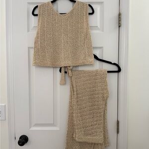 American Eagle Beige Knit Crotchet Sleeveless Top and Pants Cover Up Set Size M